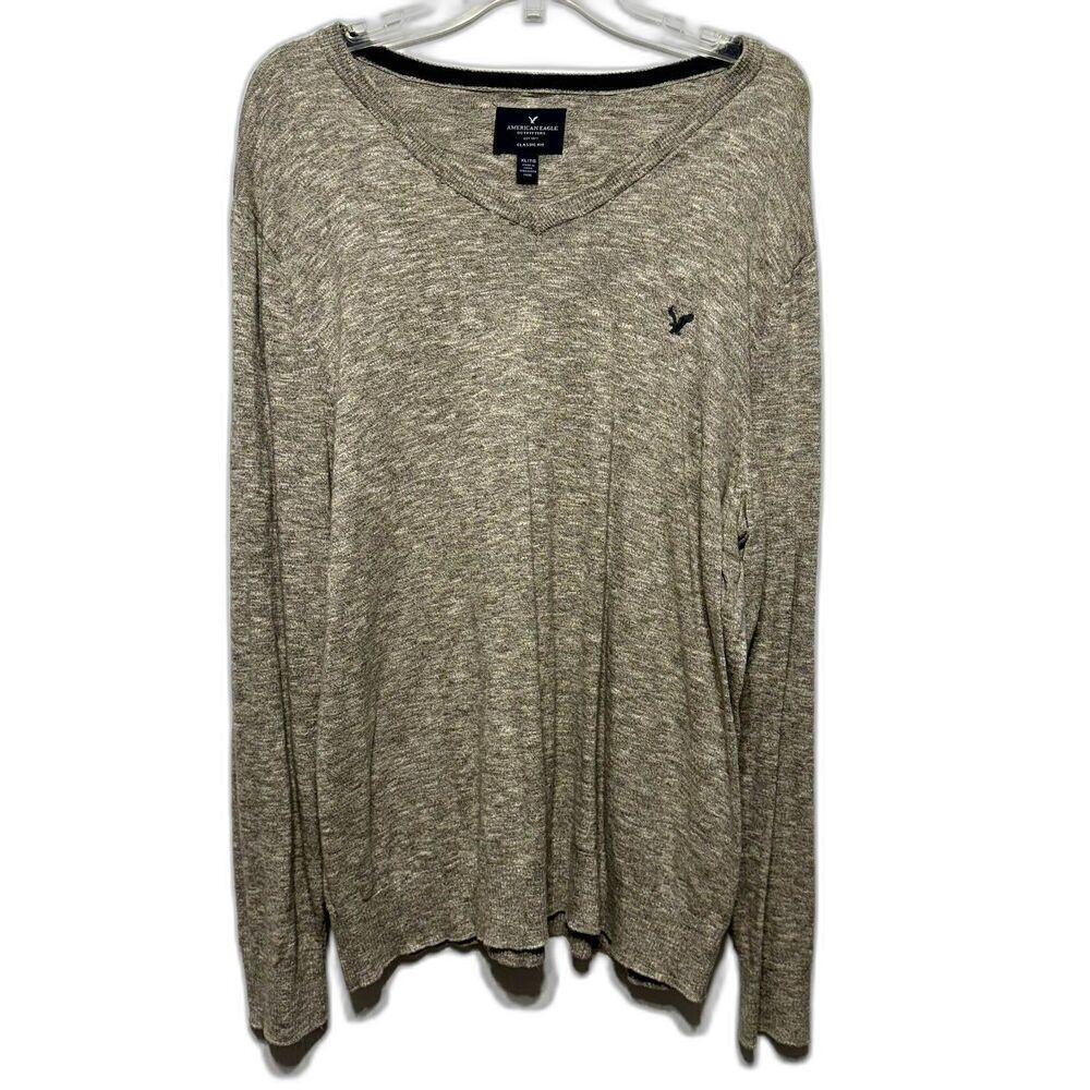 American Eagle Sweater Cotton Tight Knit Long Sleeve V-Neck Beige Mens size XL